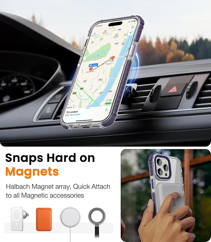 DEERLAMN Strong Magnetic Case for iPhone 15 Pro 6.1-Inch,[Compatible with Magsafe] Clear Slim Shockproof Protective Phone Cover for Women Men-Transparent+Purple
