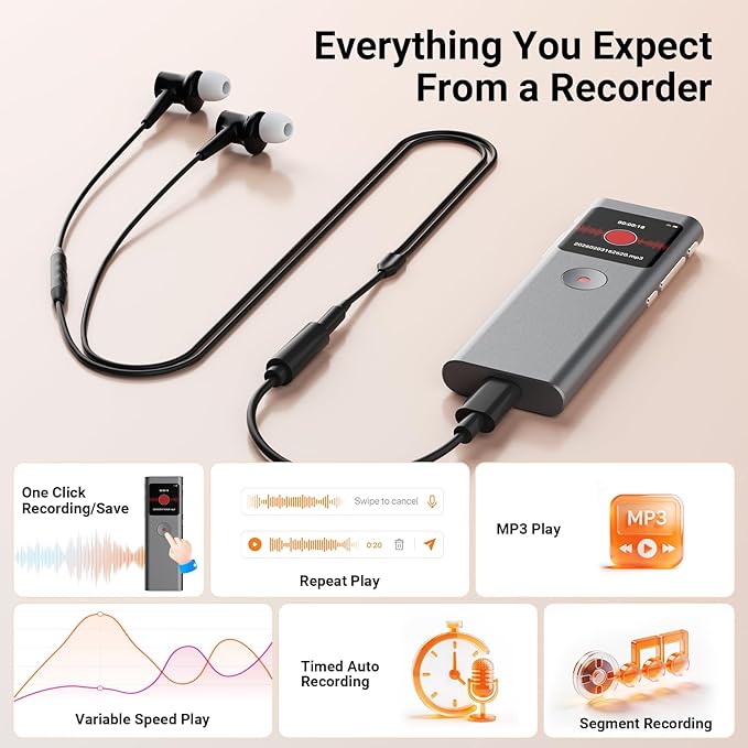 AI Digital Voice Recorder with Transcribe & Summarize, AI Note Taker for Meeting & Lectures, Voice Activated Recorder with Playback, Supports 90+ Languages Recording Device, Portable Tape Recorder