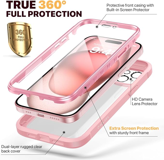 Diaclara Designed for iPhone 15 Case 6.1 Inch,Upgraded Full Body Rugged Clear Bumper Case with Built-in Privacy Screen Protector for iPhone 15,Pink