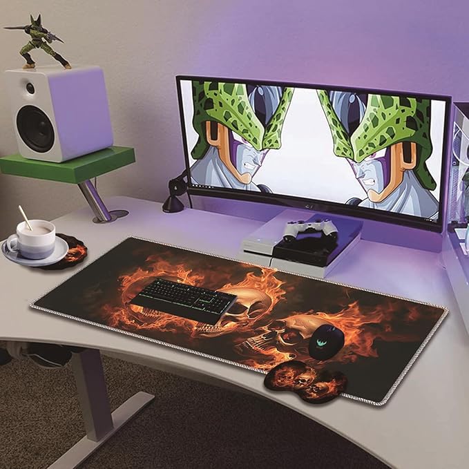 Extended Non-Slip Mouse Pad + Mouse Wrist Rest + Lace-Shaped Coaster Set, Ergonomic Design, Suitable for Desk and Home Gaming Table Mat, Fire Skulls