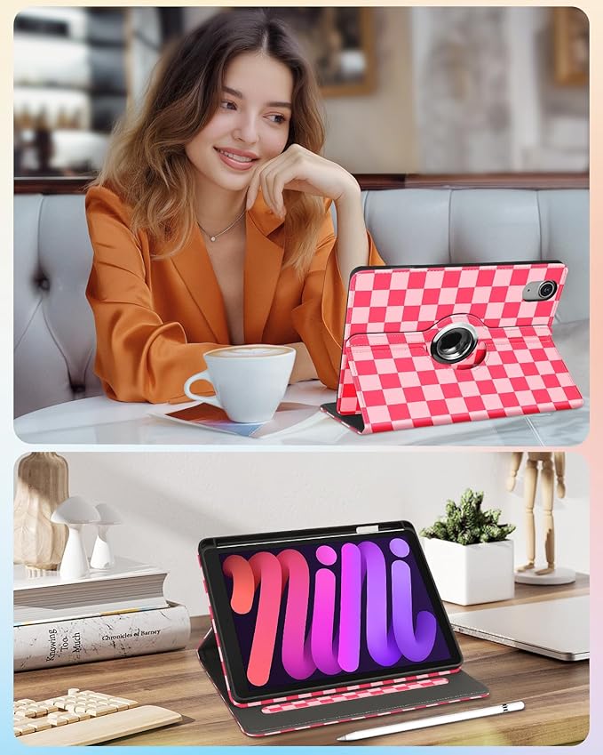 Kidcube for iPad mini 7 Case A17 Pro 2024, for iPad mini 6th Generation Case 8.3 Inch - Women Girls Cute Rotating Stand Folio Cover with Pencil Holder & Card Slot Girly Pretty Unique Teens Cover