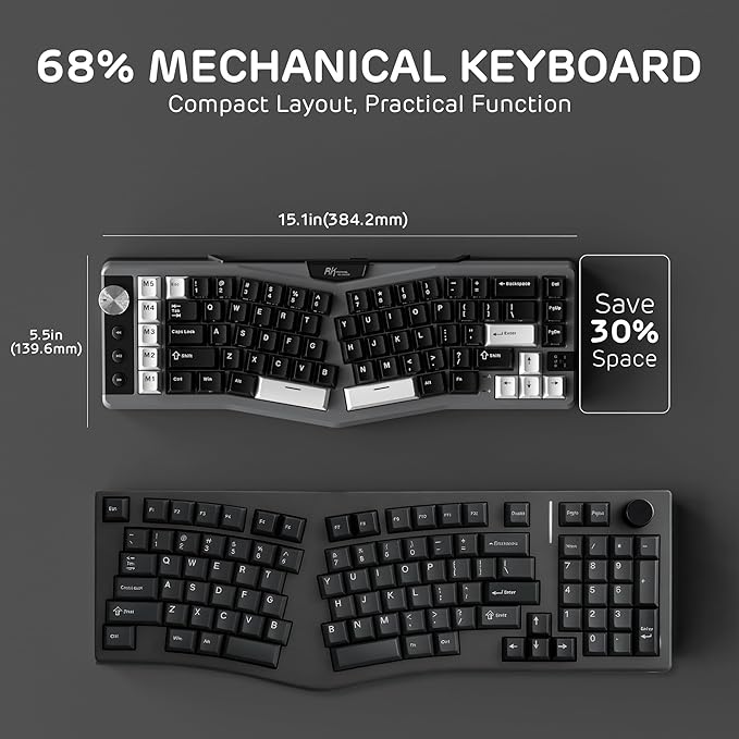 RK ROYAL KLUDGE A72 Alice Ergonomic Wireless Mechanical Keyboard w/Knob/Macro Keys/Touchable Nameplate, Tri-Mode 68% 72-Key Gasket Keyboard BT/2.4G/USB-C, Hot Swap, Win/Mac Software, 7500mAh Battery