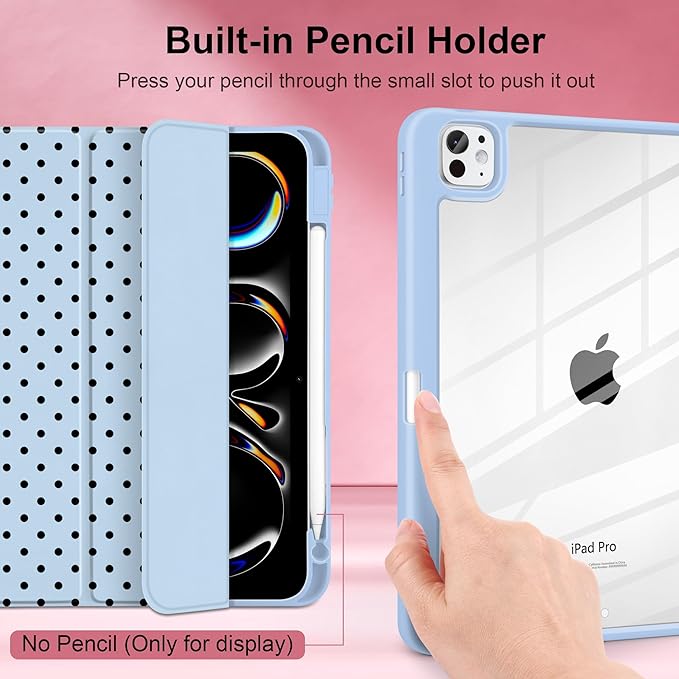 Case for iPad Pro 11 Inch (M5 2025 M4 2024) – [Built-in Pencil Holder], Shockproof & Stylish, Clear Hard Back + Soft TPU Edge, Magnetic Trifold Stand, Auto Wake/Sleep, Blue Polka dot