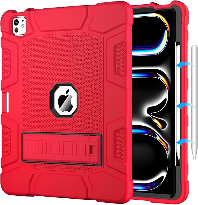 Case for iPad Pro 13 Inch Case (M5 2025/ M4 2024) with Pencil Holder, Built-in Stand, Military Grade Shockproof Protective Cover for iPad Pro 13" 8th/ 7th (Red)