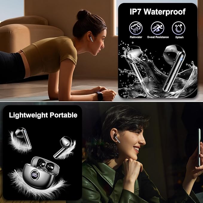 Wireless Earbuds, 2025 Bluetooth 5.3 Headphones HiFi Stereo Ear buds with ENC Noise Cancelling Mics, 40H Bluetooth Earbuds with Dual LED Display, IP7 Waterproof in Ear Earphones for Android iOS, Black