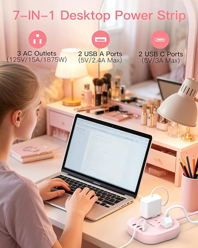Cruise Ship Travel Essentials, 22.5W/4.5A Flat Plug Power Strip, 10Ft Long Extension Cord, 3 Outlets 4 USB Ports (2 USB C) Cruise Approved Power Strip No Surge Protection, USB Charging Station, Pink