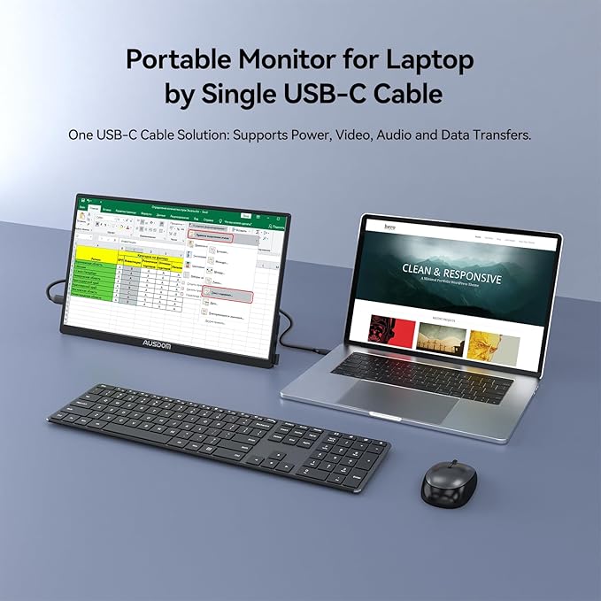 AUSDOM 15.6 Portable Laptop Monitor: FHD 1080P 15.6 inch Portable Second Screen External Travel Monitor, HDMI USB-C Powered Extra Mobile Computer Secondary Display Additional for Laptop MacBook
