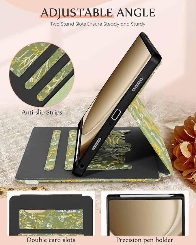 Uppuppy for Samsung Galaxy Tab A9 Plus Case 11'' - for Women Girls Cute Embroidered Folio Stand Cover with Pencil Holder & Card Slot Girly Kawaii Plants Design Aesthetic Cases for Samsung Tab A9 Plus