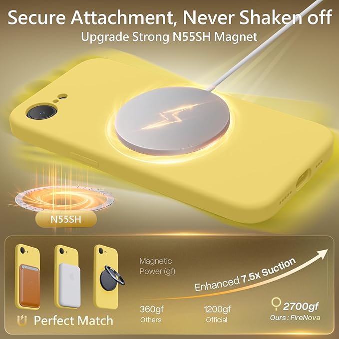 FireNova Magnetic for iPhone 17e Case/iPhone 16e Case, Compatible with MagSafe, [Silicone Camera Protection] Microfiber Lining Phone Case, 6.1", Yellow