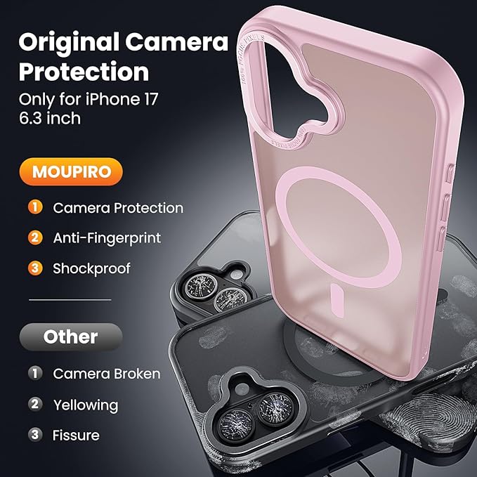 for iPhone 17 Case with 2X Screen Protectors [Compatible with MagSafe] Military Grade Drop Protection Skin Feeling Cover Shockproof Slim Fit iPhone17 Phone Case 6.3 inch,Light Pink