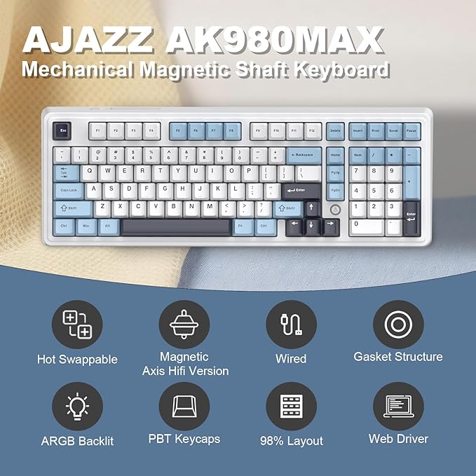 Ajazz AK980MAX Wired Magnetic Axis Mechanical Keyboard, 98% Hot-Swappable Custom Keyboard with RGB Backlighting, Pre-Lubricated Switches, PBT Keycaps, Suitable for MAC/Win/Visa/PC