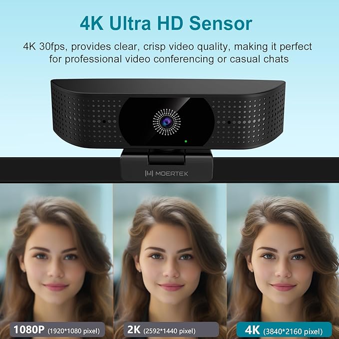 4K Webcam for PC, Ultra HD 4K 12MP Webcam with Dual Noise-Reducing Mics, PDAF Autofocus, Streaming Camera for PC, Mac, Laptop, 81° FOV, Ideal for High-end Business Meeting with Skype, Teams, Zoom