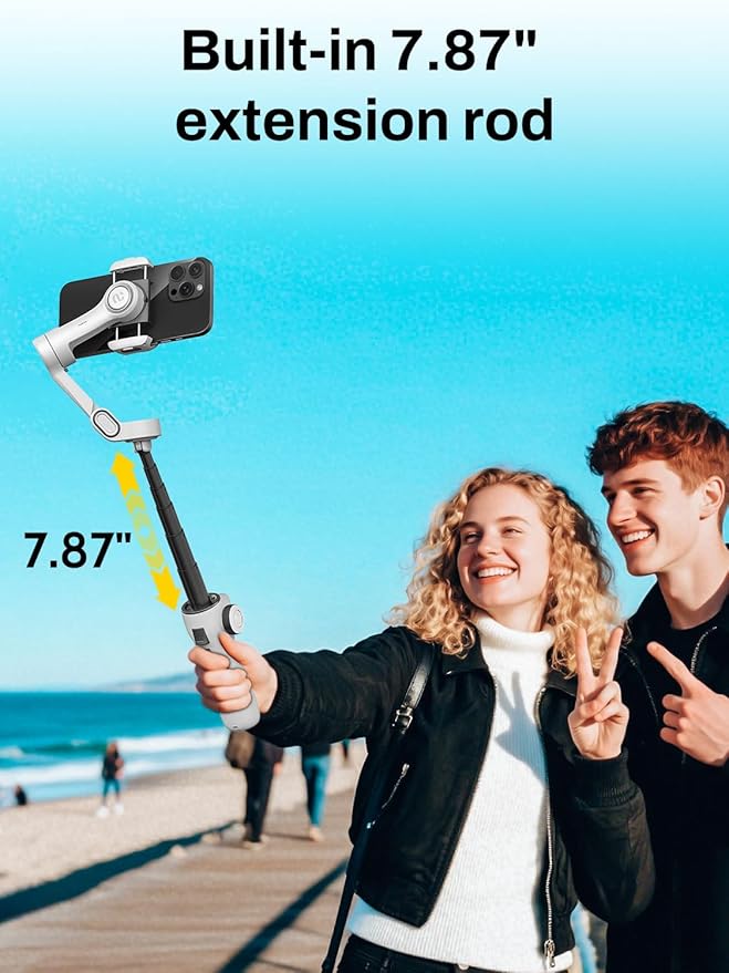AOCHUAN Gimbal Stabilizer for iPhone & Android, 3-Axis Phone Gimbal with OLED Screen, 7.8" Extendable Rod, Face & Gesture Tracking, Ideal for Vlogging, Travel & Video Recording-Smart V8 White