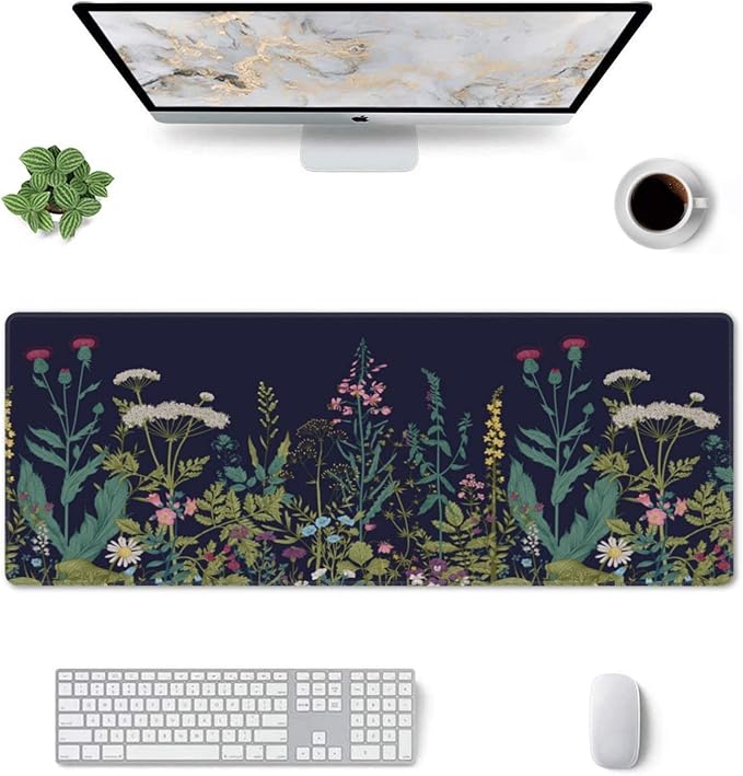Flower Extended Gaming Mouse Pad Abstract Black Desk Mat 31.5x11.8 Inch Floral Texture Non-Slip Rubber Base Weeds Mousepad Stitched Edges Keyboard Mouse Mat Desk Pad for Office Home Game