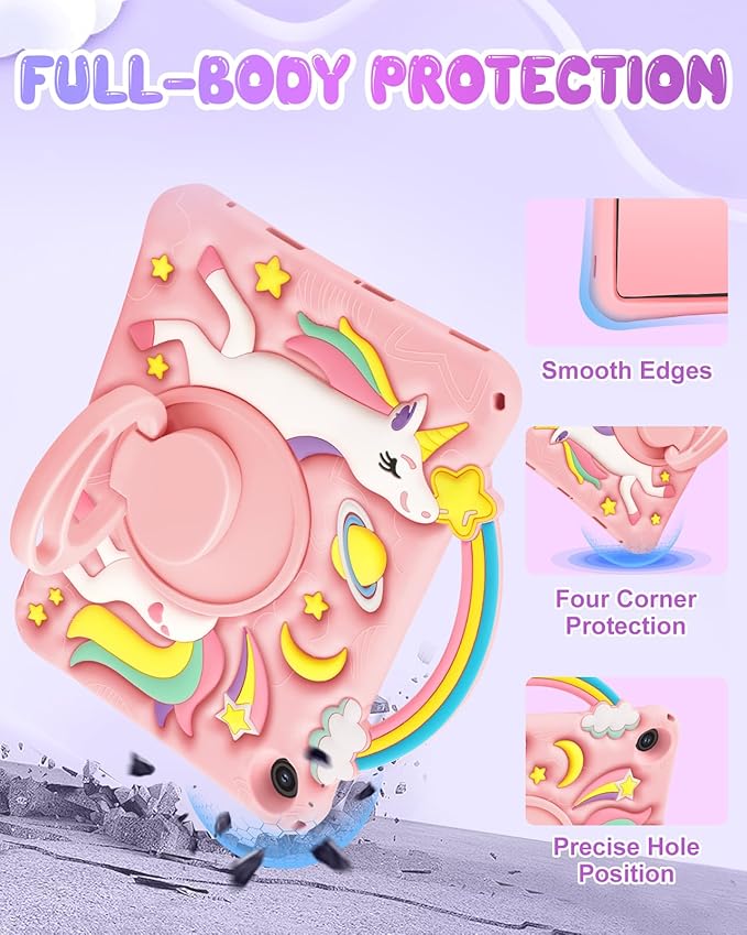 Boaretiu for Samsung Galaxy Tab A9 Plus Case - Cute Cartoon Unicorn Soft 3D Silicone Case with Strap & Rotating Stand for Girls Teens Tablet Cover for Samsung Tab A9+