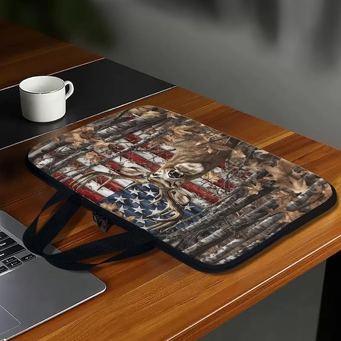 American Flag Deer Forest 17 Inch Laptop Sleeve for Men Women Portable Computer Bag with Handle Tablet Cover Laptop Tote Bag Carrying Case Handbag for Office Travel Business School