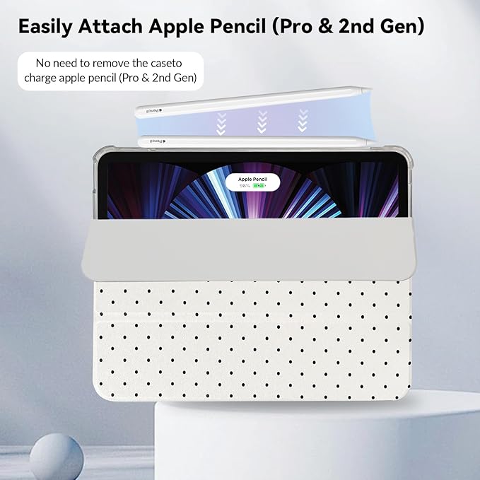 Lovmooful Compatible for iPad Pro 11-Inch,2022/2021/2020/2018 Model(4th/3rd/2nd/1st Generation) Case with Pencil Holder Cute Polka Dot with Aesthetic Design Soft TPU Trifold Stand Protective-White