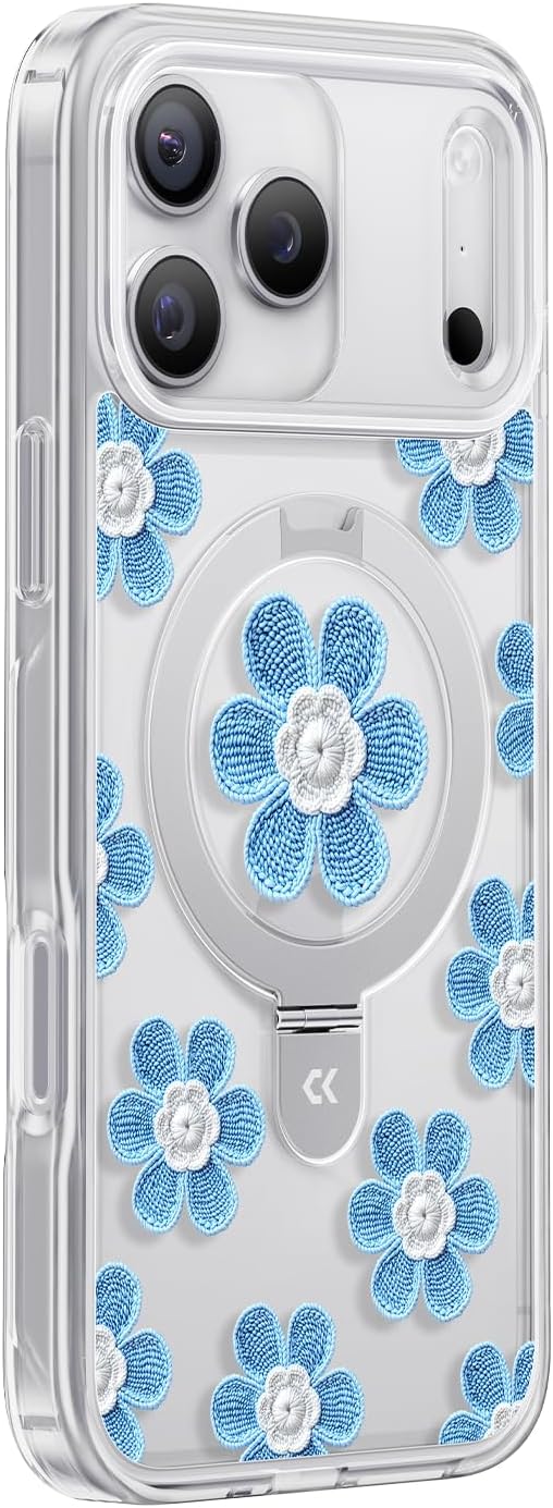 CASEKOO Floral Series Blue Flowers for iPhone 17 Pro Case with Magnetic Ring Stand [Compatible with MagSafe] [Military-Grade Protection] Fashion Clear Back, Soft Edge, for Women