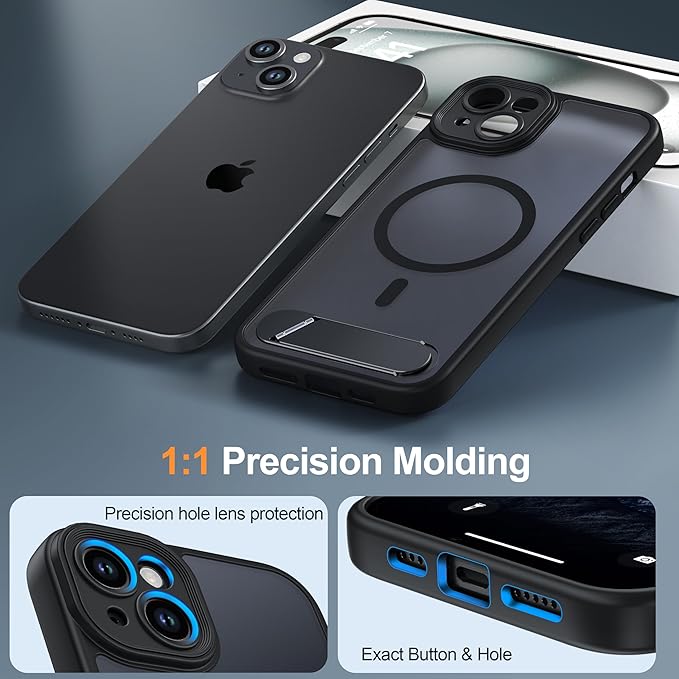 Magnetic Compatible with iPhone 15 Plus Case, [Built-in Kickstand][Full Camera Protection][Compatible with MagSafe][Anti-Fingerprint] Shockproof Phone Case for iPhone 15 Plus 6.7" Black