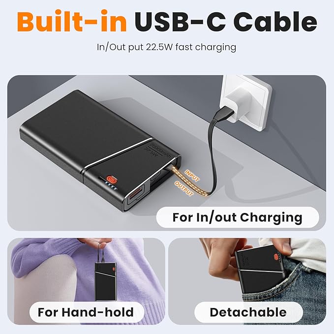 Aaoyun Portable Charger Power Bank, 22.5W PD Fast Charging Powerbank with Built-in USB C Cable, Slim External Phone Battery Pack for iPhone 17/16/15 Samsung S24 Android etc (Black-20000mah)