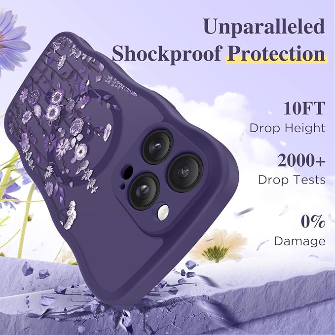 GVIEWIN for iPhone 14 Pro Case Compatible with MagSafe [Curly Wave Edge][Full Camera Protection] Floral Translucent Shockproof Magnetic Women Phone Case for 14 Pro, Floratopia/Deep Purple