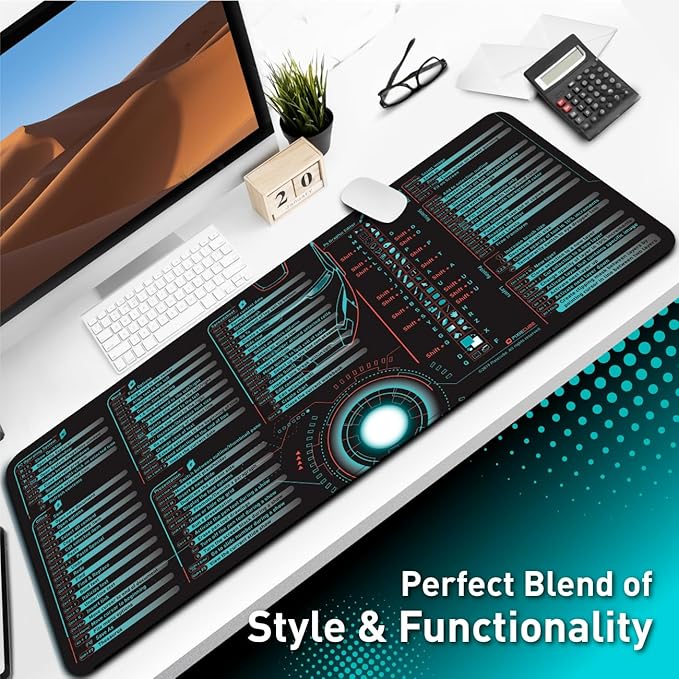 Pixiecube Windows, Office, Excel, Adobe Photoshop Shortcut Keys Extended Large Mouse Pad | Gaming Desk Mat for PC. Stitched Edge Non-Slip Base Mousepad, Keyboard Mat