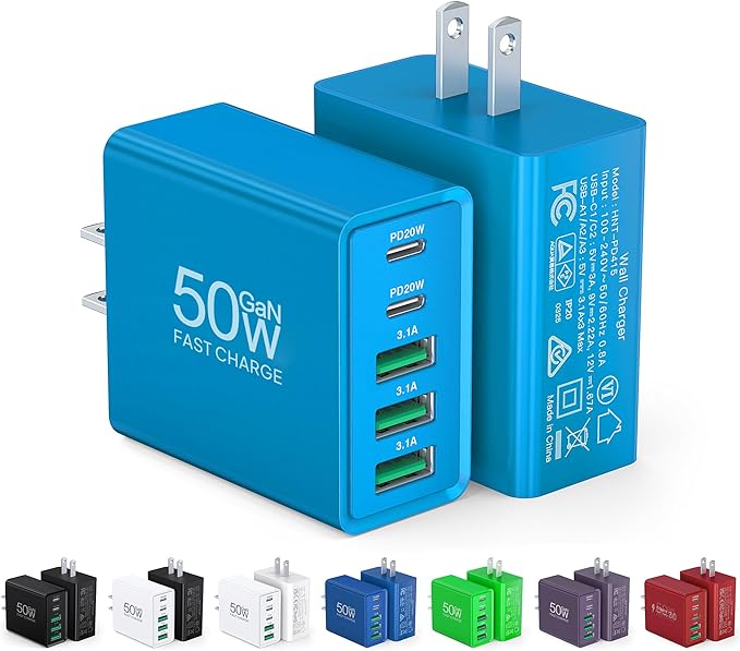 [2-Pack] USB C Wall Charger, 50W USB C Charger Block 5-Port PD Fast Charging Blocks,2USB C+3USB A Multiport Plug,Type C Power Adapter Brick Cube for iPhone17/16/15/14/Pro,iPad,Samsung,for Switch（Blue）