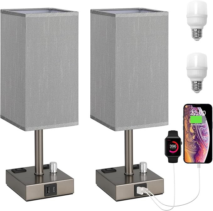 aooshine Grey Fully Dimmable Nightstand Lamps Set of 2 - Table Bedside Lamp with USB C+A Charging Ports & 2 AC Outlets, Square Lamp Sets Linen Fabric Shade for Bedroom Living Room(Bulb Included)