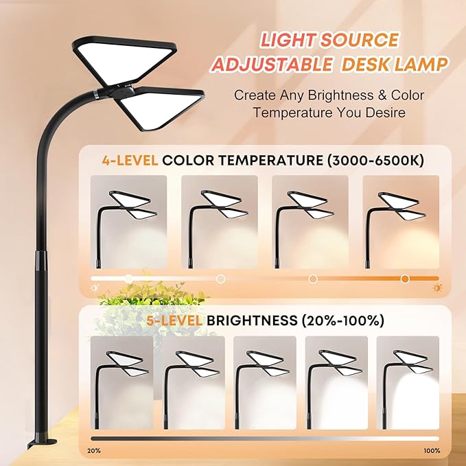 AILBTON Ultra-Large Gooseneck Desk Lamp with Clamp| Dual-Source Super Bright LED Study Light with Flexible Arms, 5 Brightness & 4 Color Modes for Home Office/Reading