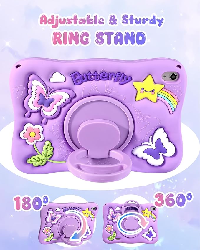 Kidcube for iPad 10th Generation Case 10.9 Inch 2022, for iPad A16 Case 11th Generation 2025 - Girls Cute Kawaii Girly 3D Purple Butterfly Design Cover with Rotating Stand & Strap Unique Silicone