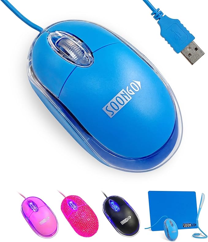SOONGO Kids Mouse for Laptop USB Ergonomic Optical Mouse Blue Color 1.5M Cable