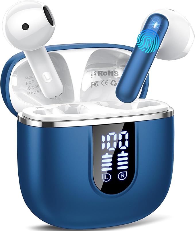 Wireless Earbuds, 2025 Bluetooth 5.4 Headphones in Ear buds, 40H HiFi Stereo Bluetooth Earbuds with 4 ENC Noise Cancelling Mics, IP7 Waterproof Ultralight Earphones with Dual LED Display USB C, Blue