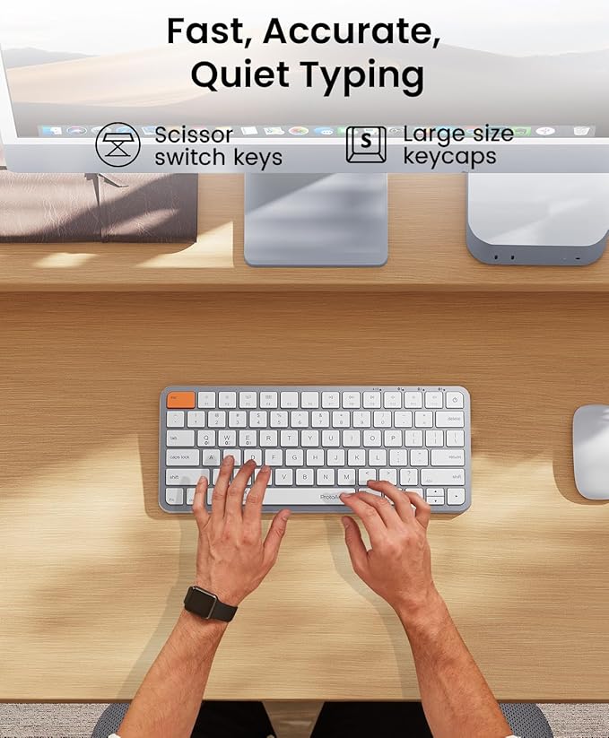 ProtoArc Bluetooth Keyboard for iPad, K90-A Backlit Compact Wireless Keyboard for Mac, Multi-Device, Low Profile, Rechargeable, Compatible with MacBook Pro/Air/Neo, Not for Windows - White Silver