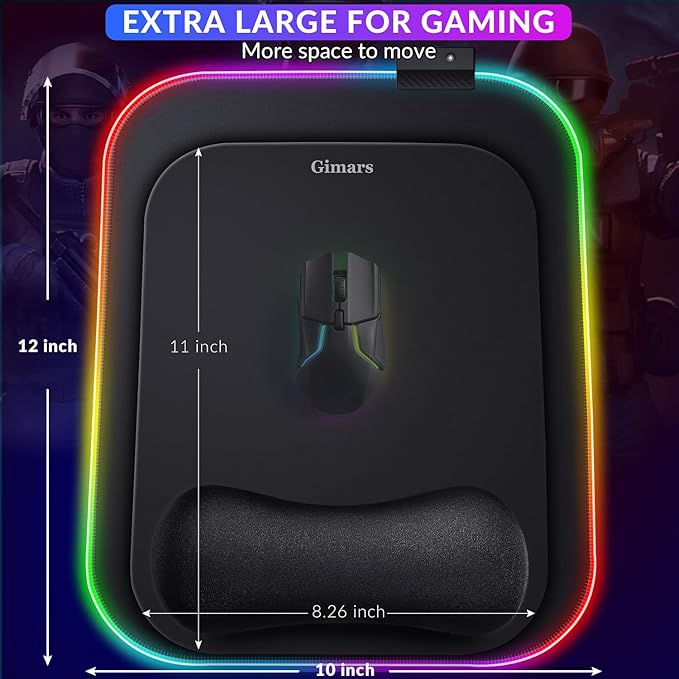 Gimars RGB Mouse Pad with Wrist Rest Support, 12 x 10 in Extra Large Ergonomic Gaming Mouse Pad with 10 LED Lighting Modes, Non-Slip Rubber Base for PC Gaming & Office