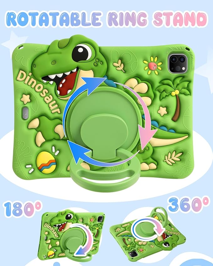 Boaretiu for iPad Air M4/M3/M2 11"/Air 4th/Air 5th Gen/for iPad Pro 11"(1/2/3/4) Case - Cute Cartoon Silicone Cover with Adjustable Shoulder Strap & Rotating Stand for Kids Boys Girls, Green Dinosaur