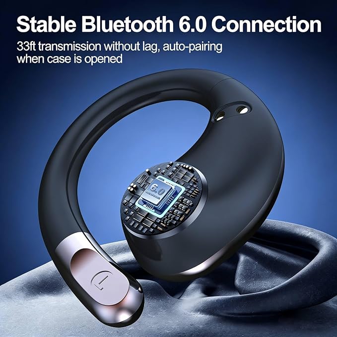 Vitog Wireless Bluetooth 6.0 Earhooks Earbuds, Sport Noise Cancelling Over Ear Waterproof Headphones Wireless Workout Running Open-Ear/in-Ear Earphones with Long Battery Life (Black)