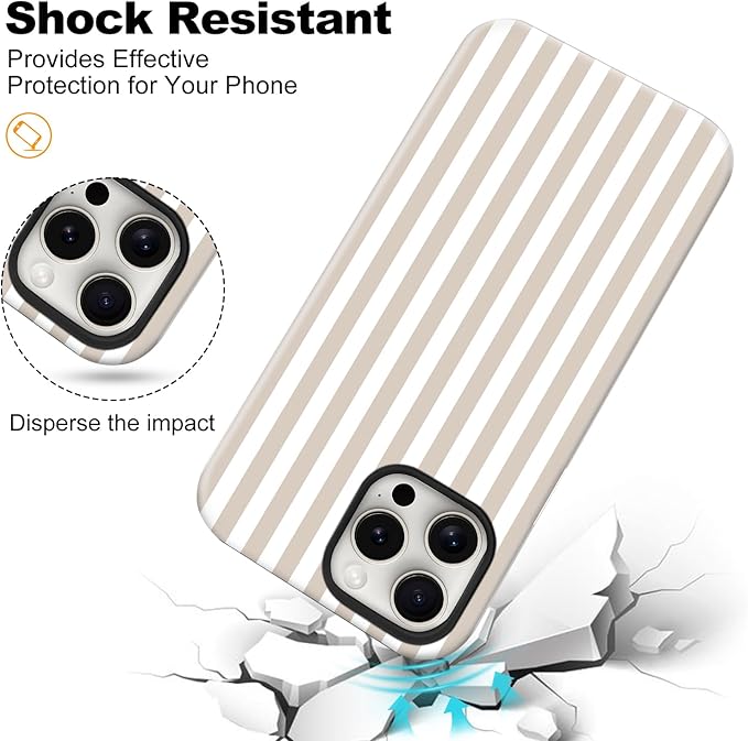 Magnetic for iPhone 15 Pro Max Case Cute Stripes Phone Case, Shockproof Slim TPU and Hard PC Protective Phone Cover Compatible with MagSafe Designed for Women Girls, Apricot