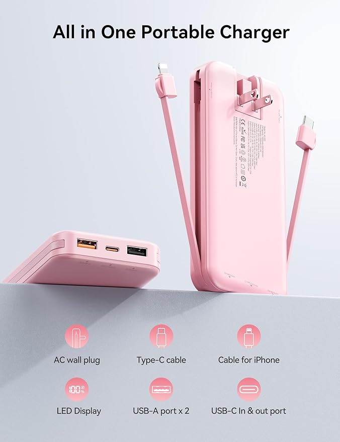 10000mAh Ultra-Portable-Charger-Power-Bank with Built in Cables&AC Wall Plug, PD20W USB-C Fast Charging Cell Phone Charger Battery Pack,LED Display Travel Battery Bank for All iPhone,Samsung,Android