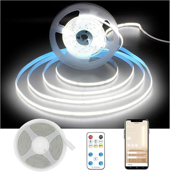 DAYBETTER COB LED Strip Lights,LED Lights for Bedroom 32.8ft,Daylight White 6500K Dotless LED Light Strip,3200 LEDs Super Bright Dimmable 24V Flexible Tape Lights with Remote,Kitchen,Cabinets Lighting
