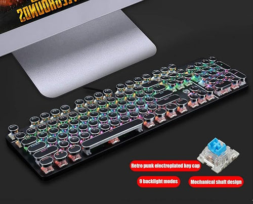 YSCP Typewriter Style Mechanical Gaming Keyboard Rainbow Backlit Wired with Blue Switch Retro Round Keycap 104 Keys Keyboard (L-Black)