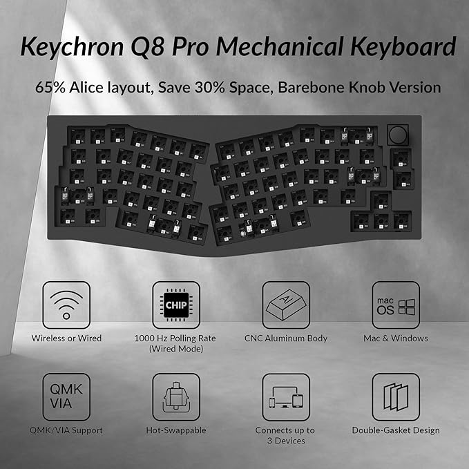 Keychron Q8 Pro QMK/VIA Programmable Custom Mechanical Keyboard, Wireless Bluetooth/Wired, 65% Alice Layout Ergonomic, Hot-Swappable, RGB Backlit Aluminum for Mac Windows Linux-Barebone Version