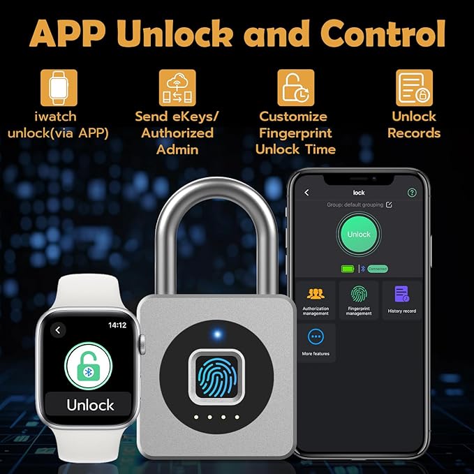 Pothunder Fingerprint Padlock, Fingerprint Lock with APP, Padlock with Steel Cable Keyless Biometric, Waterproof Suitable for Gym, Locker, Helmet, Gate, Fence, Luggage