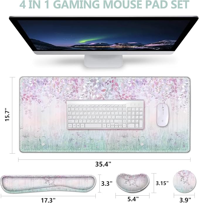 DINKY Keyboard Mouse Pad Set, Large Gaming Mousepad + Memory Foam Ergonomic Keyboard Wrist Rest Support, Easy Typing Pain Relief, 4Pcs (35.4" x 15.7") Extended Desk Mat-Leaves