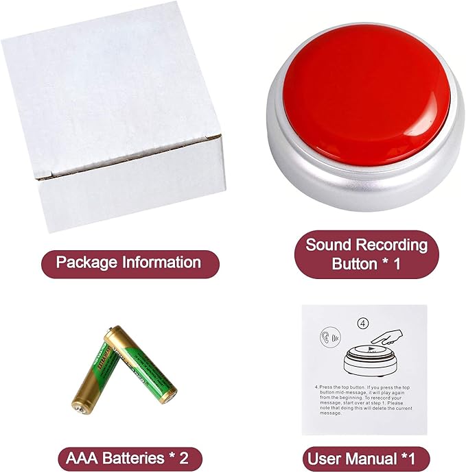 Sound Button- 30 Seconds Custom Recordable Talking Button-Record & Playback Your Own Message-Quality Voice Sound Recorder-Answer Buzzer (RED+Sliver)