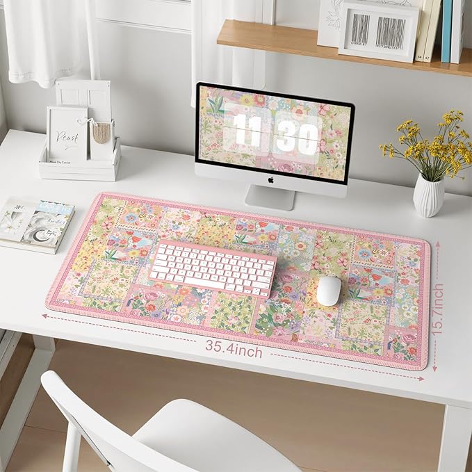 iCasso Pink Desk Mat for Keyboard and Mouse, Large Mouse Pad, Floral Desk Pad, Anti-Slip XXL Big Mousepad with Stitched Edges for Computer