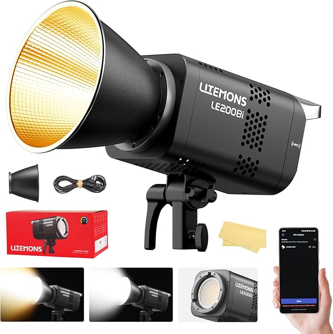 Godox Litemons LE200Bi 220W Bi Color COB LED Video Light, Professional Bowens Mount Continuous Photography Studio Lighting CRI/TLCI 98+ 57700 Lux@1m APP DMX Control Ultra Quiet for Video Recording