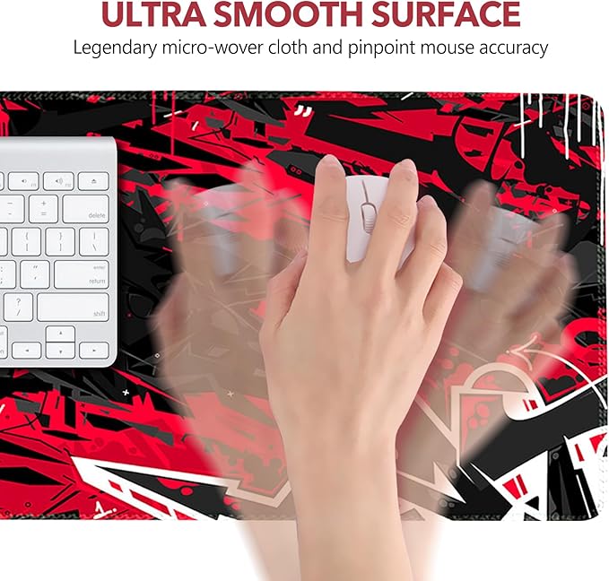 AIMSA Extended Gaming Mouse Pad Desk Mat, Large Mousepad with Stitched Edges (35x15.7 in), Keyboard Mouse Mat Stable Rubber Base Desk Pad for Work, Game, Red Black