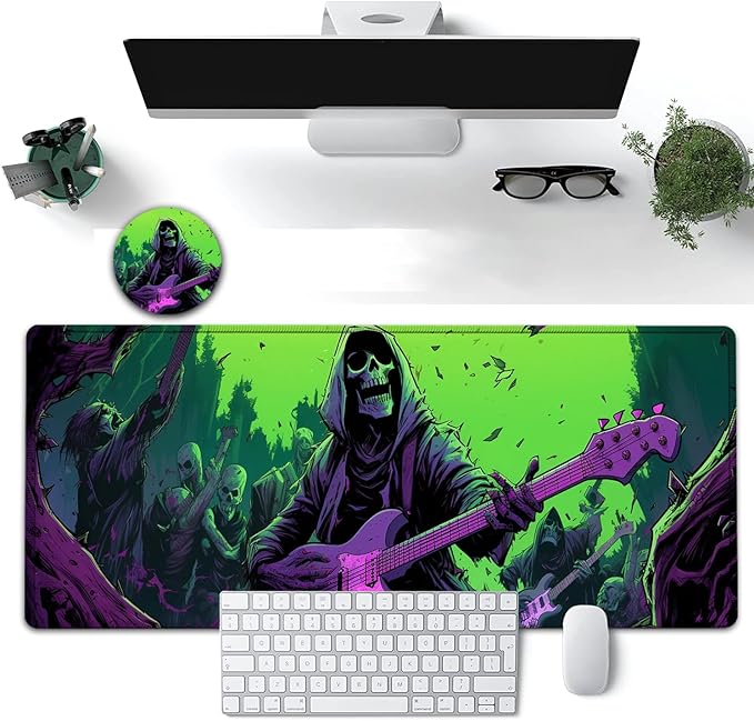 Large Mouse Pad, 31.5 x 11.8in Extended Gaming Mouse Pad with Stitched Edges, XXL Mousepad Protector Non Slip Rubber Base for Office and Home Writing Mat, Funy Skeleton Man Plays Guitar Desk Mat