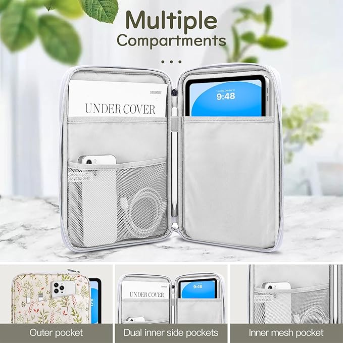 Dadanism 9-11" Tablet Sleeve Bag Carrying Case for iPad (A16) 11th Gen 11", iPad 10th Gen 10.9" Air 5/4, iPad Air M4/Pro 11", iPad 9/8/7th, Galaxy Tab A11+ Plus 11", Remarkable 2 10.3",Beige Leaf
