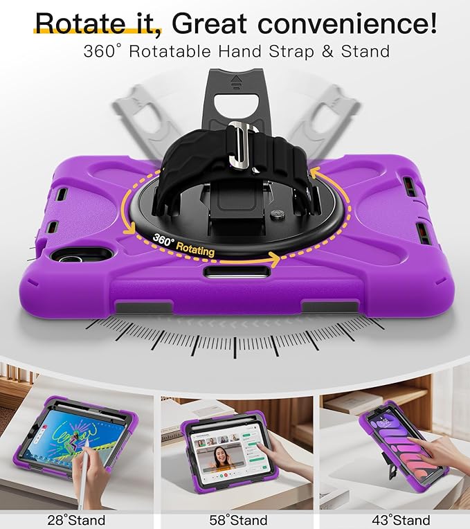 BRAECN for iPad mini 7(A17 Pro)/ 6 case 2024/2021 8.3 inch Heavy Duty Shockproof Protective with Pencil Holder Screen Protector 360°Rotating Stand Handle Full Body Cover Shoulder Strap Kids Friendly